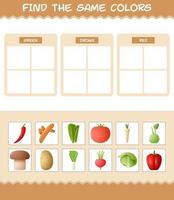 encontrar los mismos colores de las verduras. juego de búsqueda y emparejamiento. juego educativo para niños y niños pequeños en edad preescolar vector