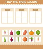 encontrar los mismos colores de las verduras. juego de búsqueda y emparejamiento. juego educativo para niños y niños pequeños en edad preescolar vector