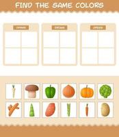 encontrar los mismos colores de las verduras. juego de búsqueda y emparejamiento. juego educativo para niños y niños pequeños en edad preescolar vector