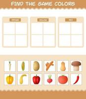 Find the same colors of vegetables. Searching and Matching game. Educational game for pre shool years kids and toddlers vector