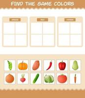 Find the same colors of vegetables. Searching and Matching game. Educational game for pre shool years kids and toddlers vector