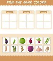 Find the same colors of vegetables. Searching and Matching game. Educational game for pre shool years kids and toddlers vector