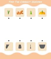 Find the correct shadows of cartoon vegetables. Searching and Matching game. Educational game for pre shool years kids and toddlers vector