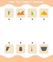 encuentra las sombras correctas de las verduras de dibujos animados. juego de búsqueda y combinación. juego educativo para niños y niños pequeños en edad preescolar vector