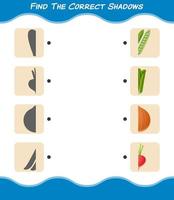 encuentra las sombras correctas de las verduras de dibujos animados. juego de búsqueda y combinación. juego educativo para niños y niños pequeños en edad preescolar vector