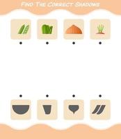 encuentra las sombras correctas de las verduras de dibujos animados. juego de búsqueda y combinación. juego educativo para niños y niños pequeños en edad preescolar vector