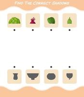 encuentra las sombras correctas de las verduras de dibujos animados. juego de búsqueda y combinación. juego educativo para niños y niños pequeños en edad preescolar vector