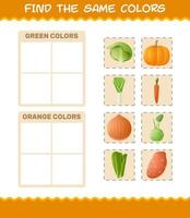 encontrar los mismos colores de las verduras. juego de búsqueda y emparejamiento. juego educativo para niños y niños pequeños en edad preescolar vector