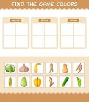 encontrar los mismos colores de las verduras. juego de búsqueda y emparejamiento. juego educativo para niños y niños pequeños en edad preescolar vector