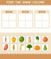 Find the same colors of vegetables. Searching and Matching game. Educational game for pre shool years kids and toddlers vector