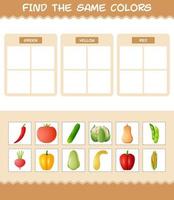 encontrar los mismos colores de las verduras. juego de búsqueda y emparejamiento. juego educativo para niños y niños pequeños en edad preescolar vector