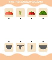 encuentra las sombras correctas de las verduras de dibujos animados. juego de búsqueda y combinación. juego educativo para niños y niños pequeños en edad preescolar vector