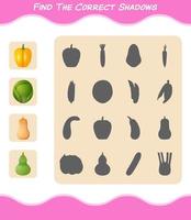 encuentra las sombras correctas de las verduras de dibujos animados. juego de búsqueda y combinación. juego educativo para niños y niños pequeños en edad preescolar vector