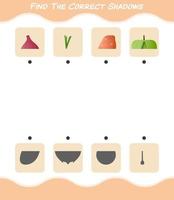 encuentra las sombras correctas de las verduras de dibujos animados. juego de búsqueda y combinación. juego educativo para niños y niños pequeños en edad preescolar vector