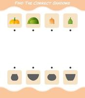 encuentra las sombras correctas de las verduras de dibujos animados. juego de búsqueda y combinación. juego educativo para niños y niños pequeños en edad preescolar vector