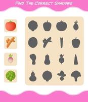 encuentra las sombras correctas de las verduras de dibujos animados. juego de búsqueda y combinación. juego educativo para niños y niños pequeños en edad preescolar vector