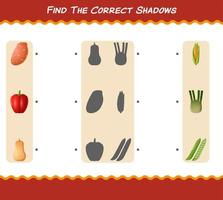 encuentra las sombras correctas de las verduras de dibujos animados. juego de búsqueda y combinación. juego educativo para niños y niños pequeños en edad preescolar vector