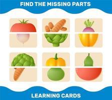 Match cartoon vegetables parts. Matching game. Educational game for pre shool years kids and toddlers vector