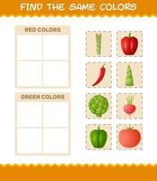 encontrar los mismos colores de las verduras. juego de búsqueda y emparejamiento. juego educativo para niños y niños pequeños en edad preescolar vector