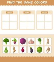 encontrar los mismos colores de las verduras. juego de búsqueda y emparejamiento. juego educativo para niños y niños pequeños en edad preescolar vector