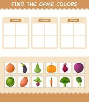 encontrar los mismos colores de las verduras. juego de búsqueda y emparejamiento. juego educativo para niños y niños pequeños en edad preescolar vector