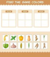 encontrar los mismos colores de las verduras. juego de búsqueda y emparejamiento. juego educativo para niños y niños pequeños en edad preescolar vector