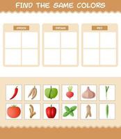 encontrar los mismos colores de las verduras. juego de búsqueda y emparejamiento. juego educativo para niños y niños pequeños en edad preescolar vector