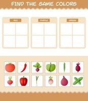 encontrar los mismos colores de las verduras. juego de búsqueda y emparejamiento. juego educativo para niños y niños pequeños en edad preescolar vector