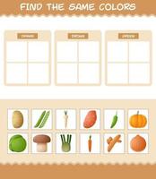 encontrar los mismos colores de las verduras. juego de búsqueda y emparejamiento. juego educativo para niños y niños pequeños en edad preescolar vector