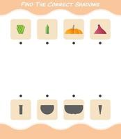 encuentra las sombras correctas de las verduras de dibujos animados. juego de búsqueda y combinación. juego educativo para niños y niños pequeños en edad preescolar vector