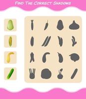 encuentra las sombras correctas de las verduras de dibujos animados. juego de búsqueda y combinación. juego educativo para niños y niños pequeños en edad preescolar vector