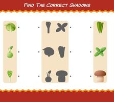 encuentra las sombras correctas de las verduras de dibujos animados. juego de búsqueda y combinación. juego educativo para niños y niños pequeños en edad preescolar vector