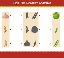 encuentra las sombras correctas de las verduras de dibujos animados. juego de búsqueda y combinación. juego educativo para niños y niños pequeños en edad preescolar vector