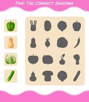 encuentra las sombras correctas de las verduras de dibujos animados. juego de búsqueda y combinación. juego educativo para niños y niños pequeños en edad preescolar vector