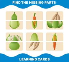 Match cartoon vegetables parts. Matching game. Educational game for pre shool years kids and toddlers vector