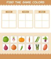 encontrar los mismos colores de las verduras. juego de búsqueda y emparejamiento. juego educativo para niños y niños pequeños en edad preescolar vector