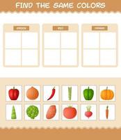 encontrar los mismos colores de las verduras. juego de búsqueda y emparejamiento. juego educativo para niños y niños pequeños en edad preescolar vector