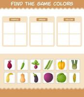 encontrar los mismos colores de las verduras. juego de búsqueda y emparejamiento. juego educativo para niños y niños pequeños en edad preescolar vector