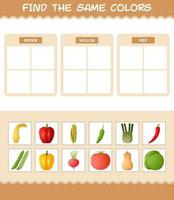 Find the same colors of vegetables. Searching and Matching game. Educational game for pre shool years kids and toddlers vector