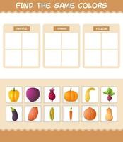 encontrar los mismos colores de las verduras. juego de búsqueda y emparejamiento. juego educativo para niños y niños pequeños en edad preescolar vector