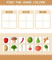 encontrar los mismos colores de las verduras. juego de búsqueda y emparejamiento. juego educativo para niños y niños pequeños en edad preescolar vector