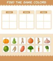 Find the same colors of vegetables. Searching and Matching game. Educational game for pre shool years kids and toddlers vector