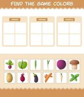 encontrar los mismos colores de las verduras. juego de búsqueda y emparejamiento. juego educativo para niños y niños pequeños en edad preescolar vector