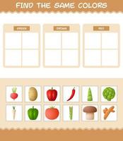 encontrar los mismos colores de las verduras. juego de búsqueda y emparejamiento. juego educativo para niños y niños pequeños en edad preescolar vector