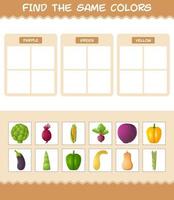 encontrar los mismos colores de las verduras. juego de búsqueda y emparejamiento. juego educativo para niños y niños pequeños en edad preescolar vector