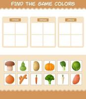 encontrar los mismos colores de las verduras. juego de búsqueda y emparejamiento. juego educativo para niños y niños pequeños en edad preescolar vector