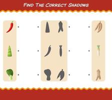 encuentra las sombras correctas de las verduras de dibujos animados. juego de búsqueda y combinación. juego educativo para niños y niños pequeños en edad preescolar vector