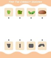 encuentra las sombras correctas de las verduras de dibujos animados. juego de búsqueda y combinación. juego educativo para niños y niños pequeños en edad preescolar vector