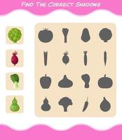 encuentra las sombras correctas de las verduras de dibujos animados. juego de búsqueda y combinación. juego educativo para niños y niños pequeños en edad preescolar vector