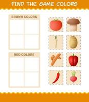 encontrar los mismos colores de las verduras. juego de búsqueda y emparejamiento. juego educativo para niños y niños pequeños en edad preescolar vector